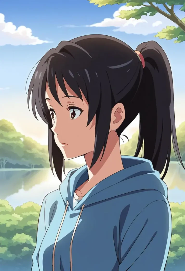 A side profile of an anime girl with black hair in a ponytail, wearing a blue hoodie. This is an AI generated image using Stable Diffusion.