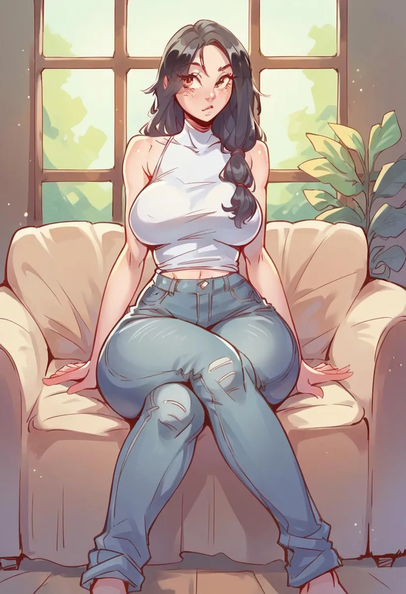 An AI generated image using stable diffusion of an anime-style young woman with long dark hair, wearing a white halter top and ripped jeans, sitting on a beige sofa in front of a window with green foliage visible outside.