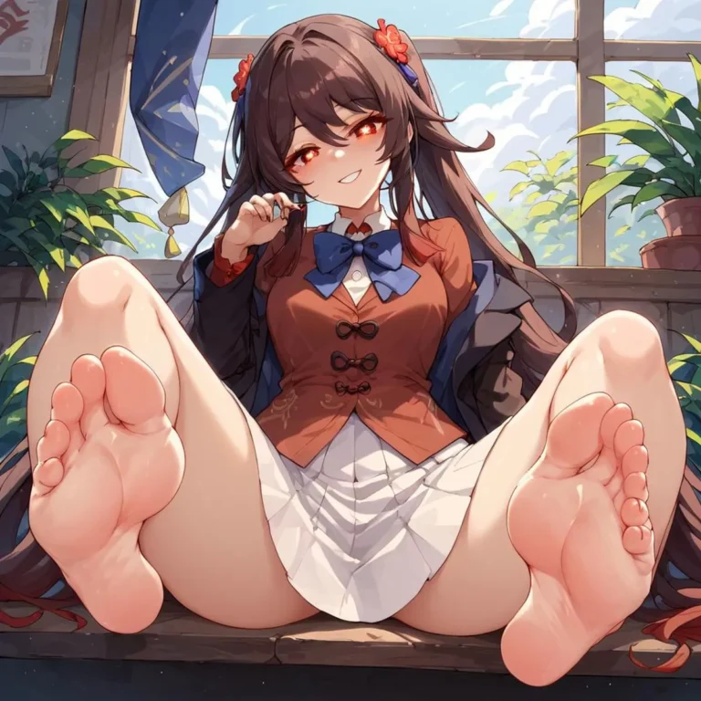 Anime girl sitting with legs stretched out, smiling with red eyes, wearing a brown vest and a blue bow, two red flowers on her hair. AI generated image using Stable Diffusion.