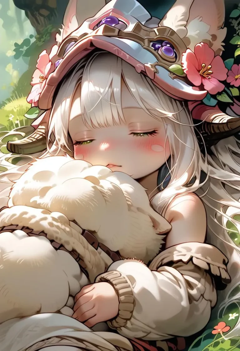AI generated image of a cute anime girl with white hair sleeping peacefully in a fantasy setting. She wears a detailed, elaborate headpiece with flowers and a furry companion is nestled in her arms.