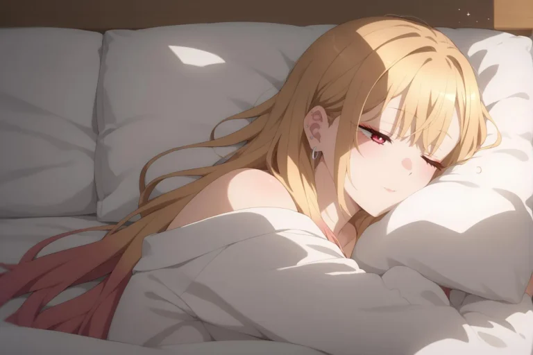 Anime-style illustration of a blonde girl with pink undertones in her hair sleeping peacefully in bed. AI generated image using stable diffusion.