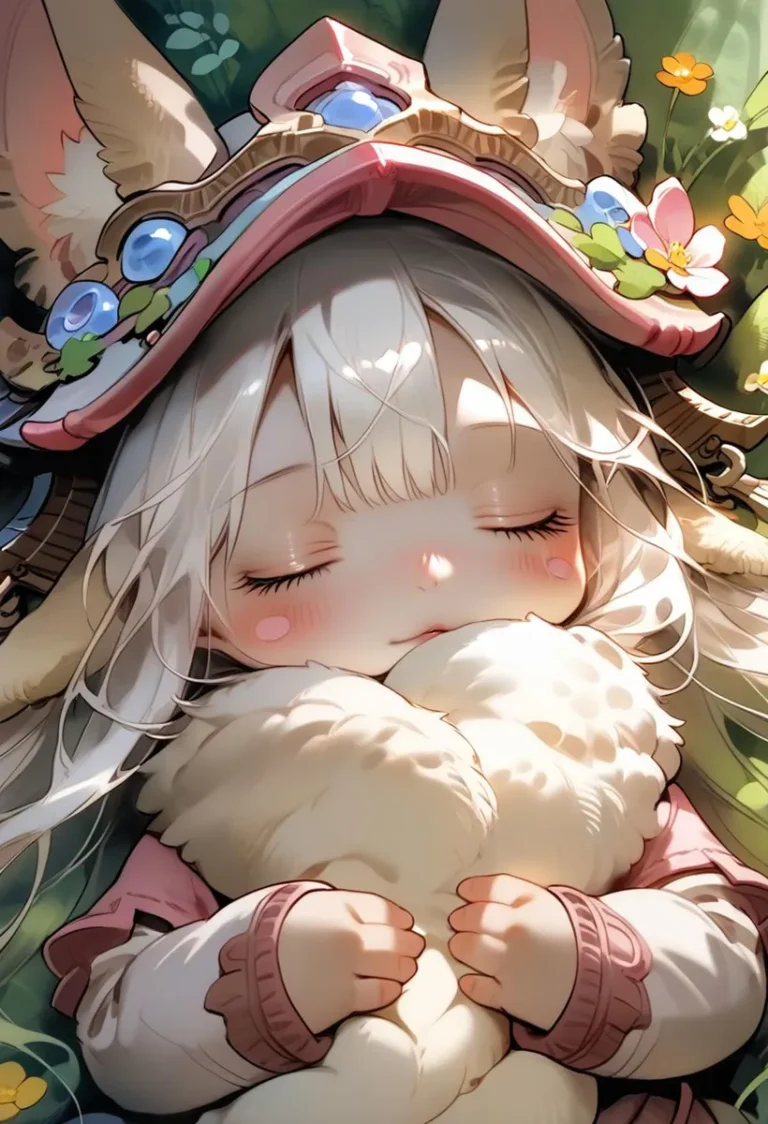 Anime girl sleeping with a cute hat adorned with ornaments, generated using Stable Diffusion.