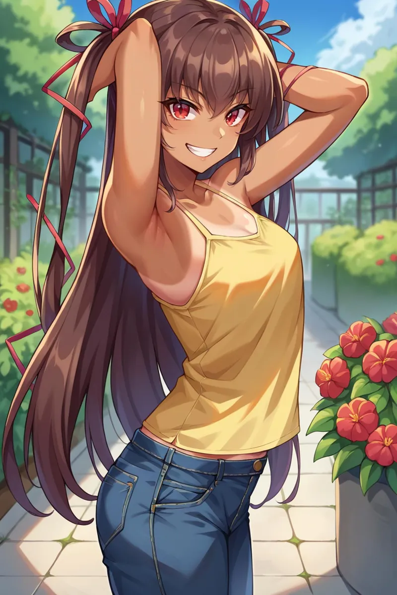 AI generated image of a smiling anime girl with long brown hair, wearing a yellow tank top and blue jeans, standing in an outdoor garden with blooming flowers. Created using Stable Diffusion.