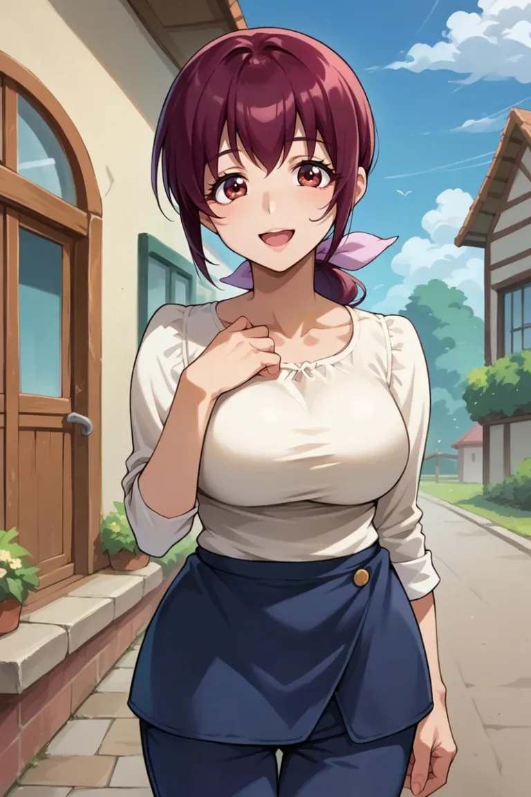 AI generated image of an anime girl with red hair smiling outside a house. Generated using Stable Diffusion.