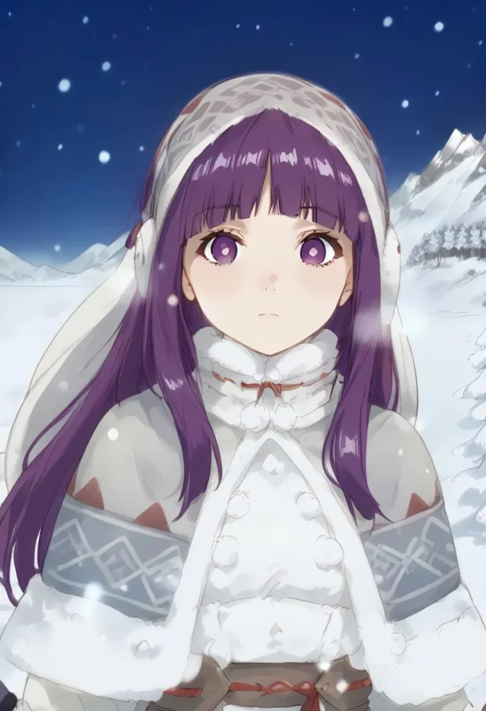 AI generated image using Stable Diffusion featuring a young anime girl with purple hair, wearing a cozy white winter outfit and standing in a snowy landscape with mountains in the background.