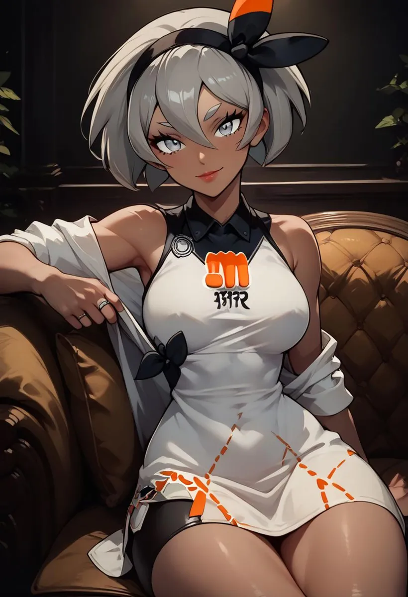 Anime-style girl with short gray hair and blue eyes, relaxing on a luxurious sofa. She is wearing a stylish white outfit with orange accents and a black headband. AI-generated image using Stable Diffusion.
