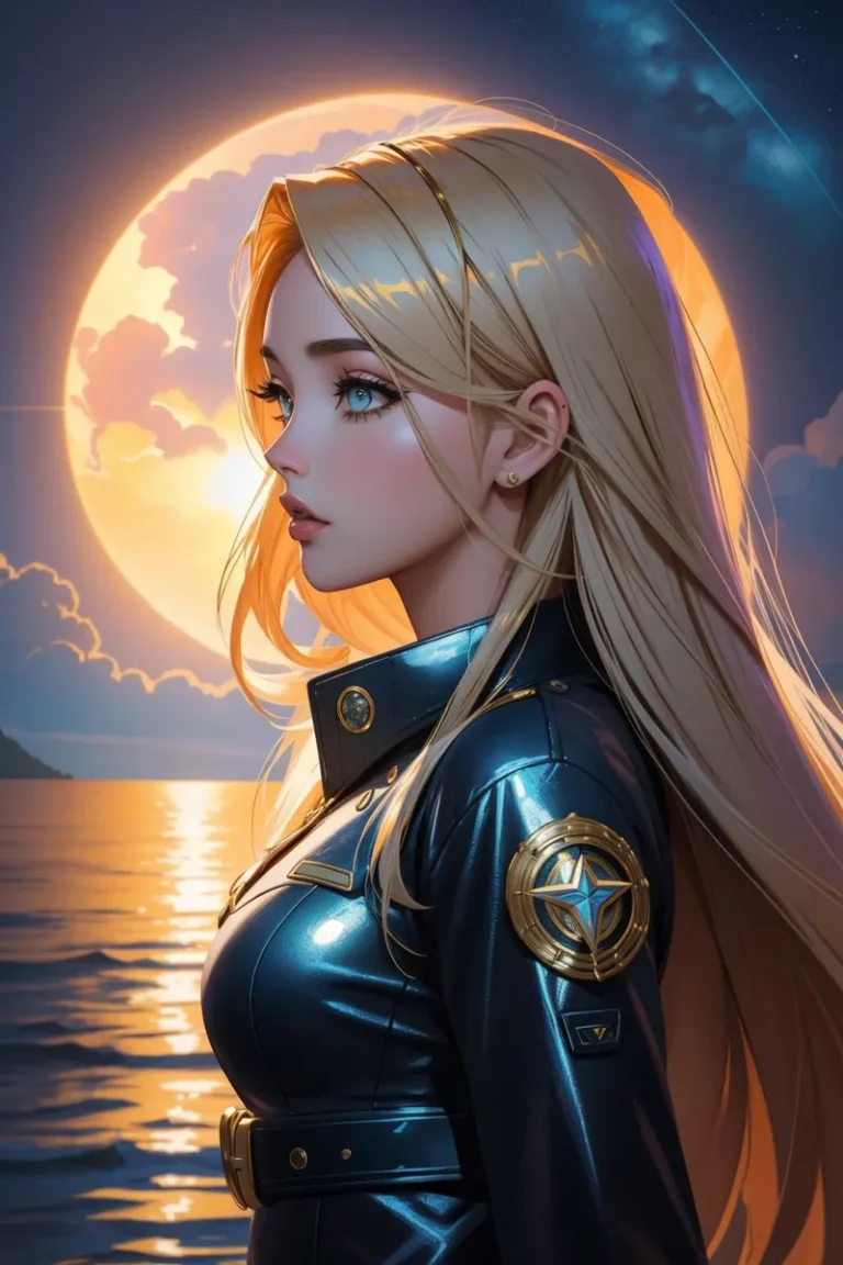 An AI generated image using stable diffusion showing an anime-style girl in a futuristic soldier attire with a full moon in the background.