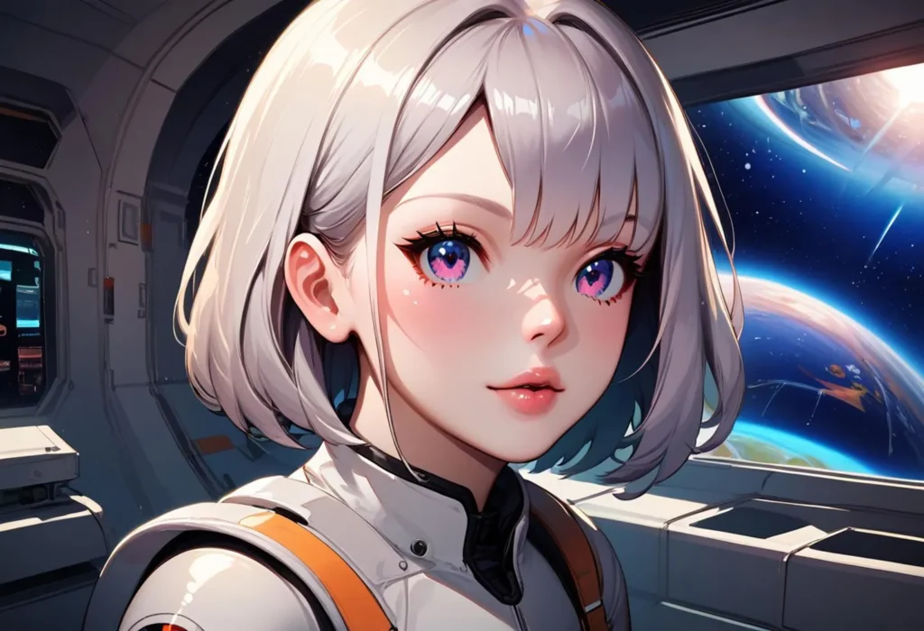 A detailed anime girl with short silver hair and vibrant purple-blue eyes, wearing a white and orange spacesuit inside a futuristic space station. Emphasize that this is an AI generated image using Stable Diffusion.