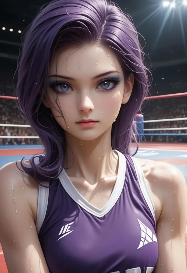 An anime girl with purple hair wearing a sports outfit, created using Stable Diffusion AI.