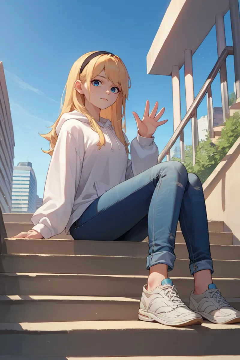 Anime girl with blonde hair and blue eyes, dressed in a white hoodie and blue jeans, sitting on stairs in an urban setting. AI generated image using stable diffusion.