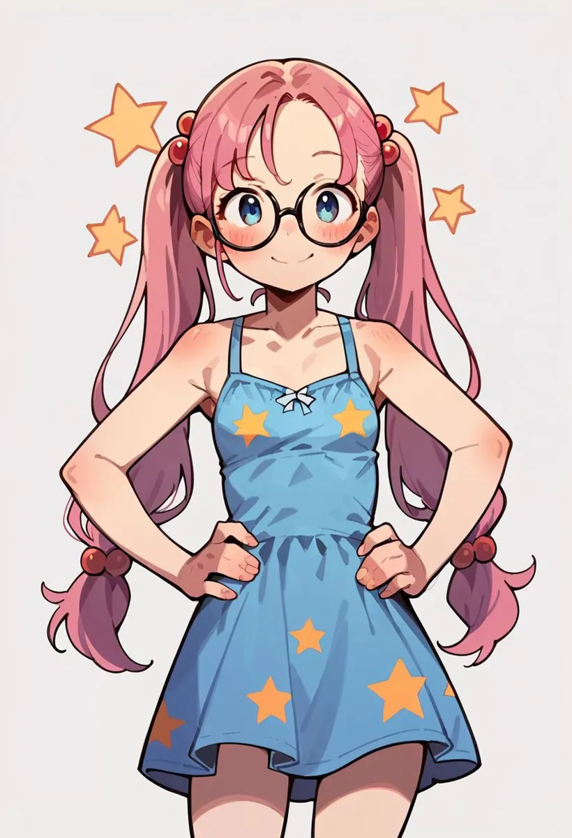 Anime girl with long pink hair, glasses, and dressed in a blue dress with star patterns. Stylish AI-generated image using Stable Diffusion.