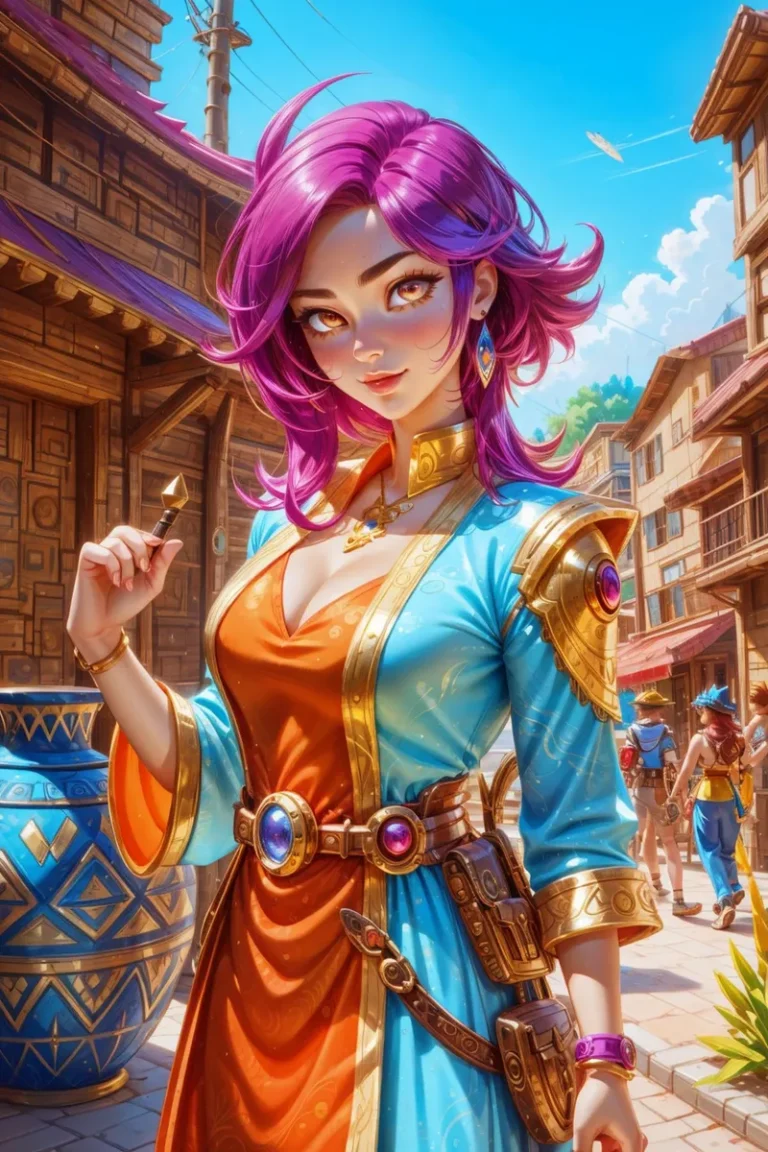 Anime girl with purple hair in vibrant steampunk-inspired attire, detailed background with village buildings, AI generated using Stable Diffusion.