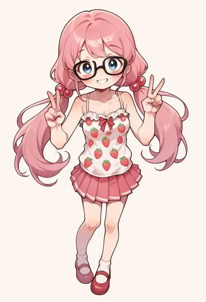 A cute anime girl with pink hair, glasses, and a strawberry-patterned outfit, AI generated using Stable Diffusion.