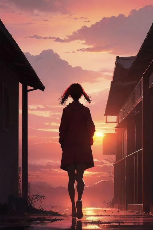 An anime girl with short hair walking down a deserted street at sunset. Beautiful sky with shades of orange and pink. AI-generated image using Stable Diffusion.