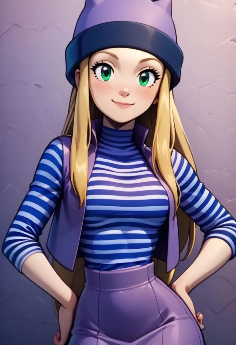 Anime style portrait of a girl with green eyes, long blonde hair, and a purple hat, wearing a blue and white striped shirt and purple pants. AI generated image using Stable Diffusion.