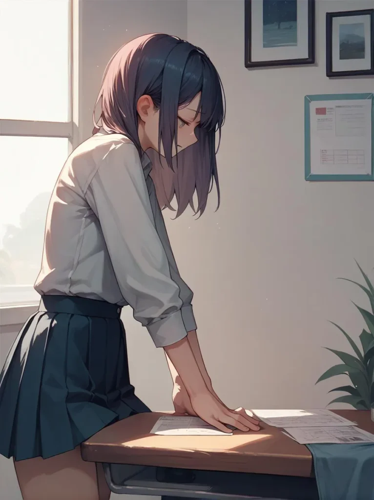 An anime girl with shoulder-length hair leaning on a desk in a classroom setting, created with Stable Diffusion.