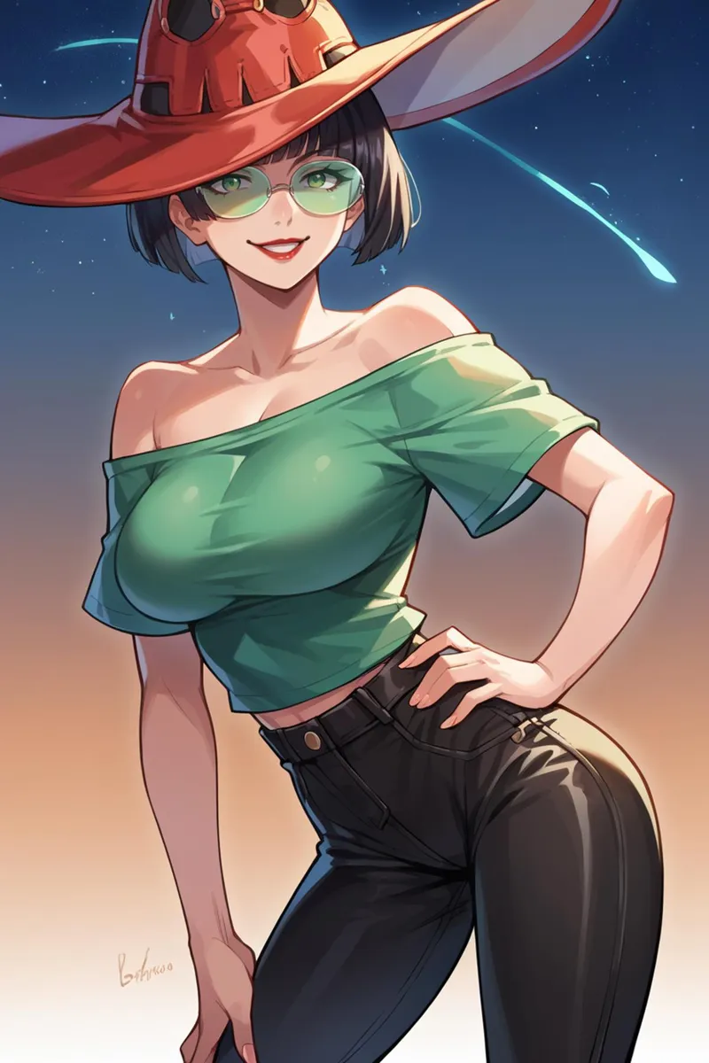 Anime girl in a green off-shoulder top wearing a large stylish hat with red and white colors along with round glasses. AI generated image using Stable Diffusion.