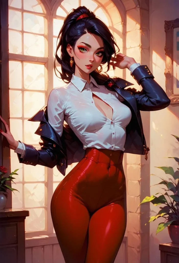 A stylish anime girl with dark hair in a ponytail, wearing a white shirt, red high-waisted pants, and a black jacket. AI generated image using Stable Diffusion.