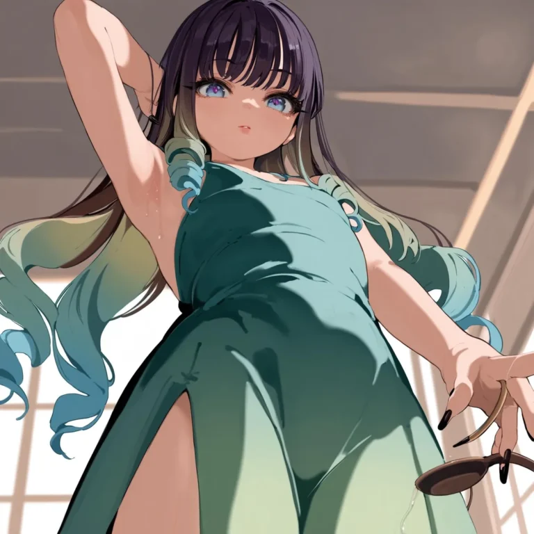 A dynamic angle of an anime girl with black and green hair, wearing a turquoise dress and holding a pair of sunglasses. This is an AI generated image using stable diffusion.