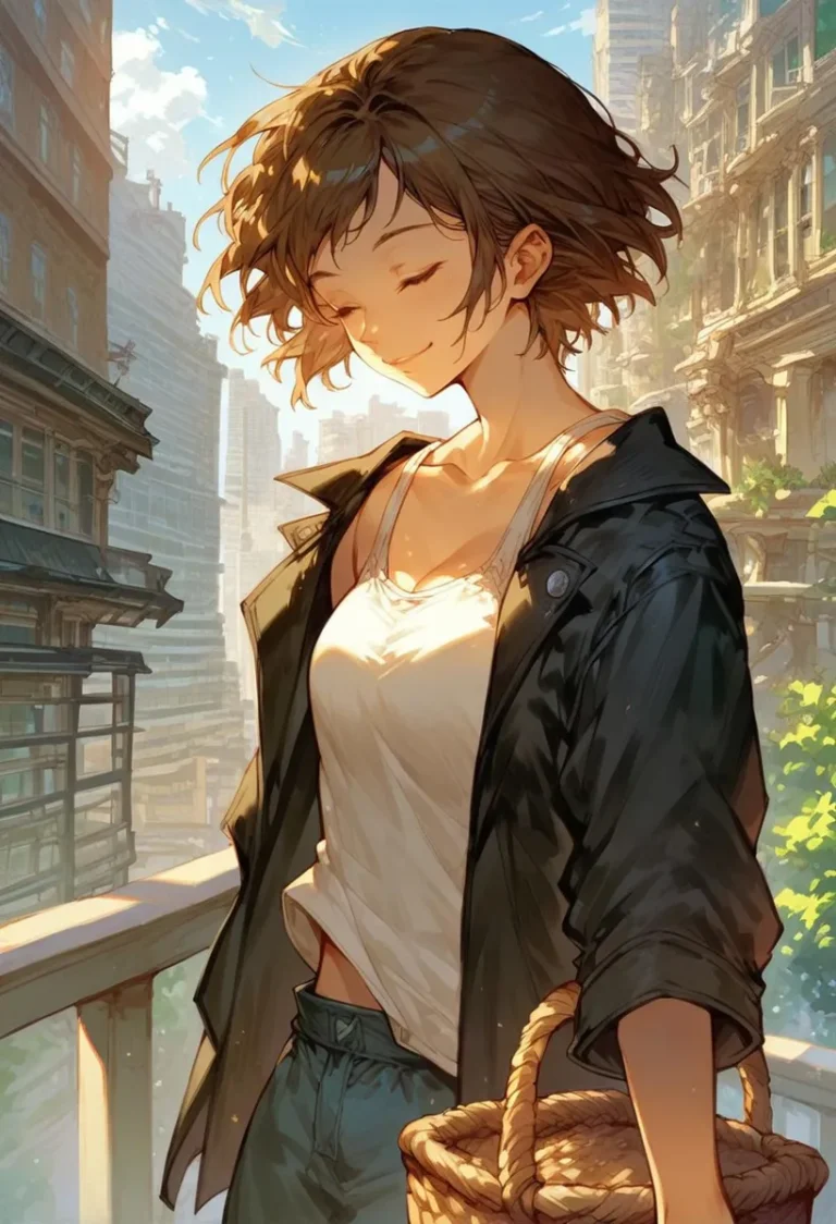 An anime-style girl with short, wavy brown hair standing on a balcony in an urban setting, illuminated by sunlight. She is wearing a black jacket over a white top and holding a wicker basket. This is an AI-generated image using Stable Diffusion.