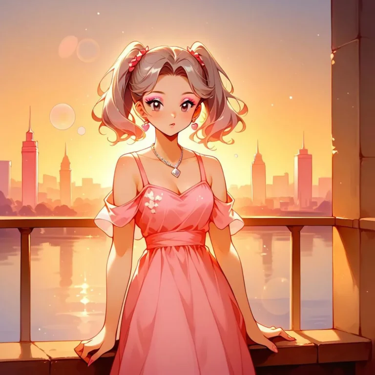 Anime girl in a pink dress with a sunset cityscape background. AI generated image using Stable Diffusion.