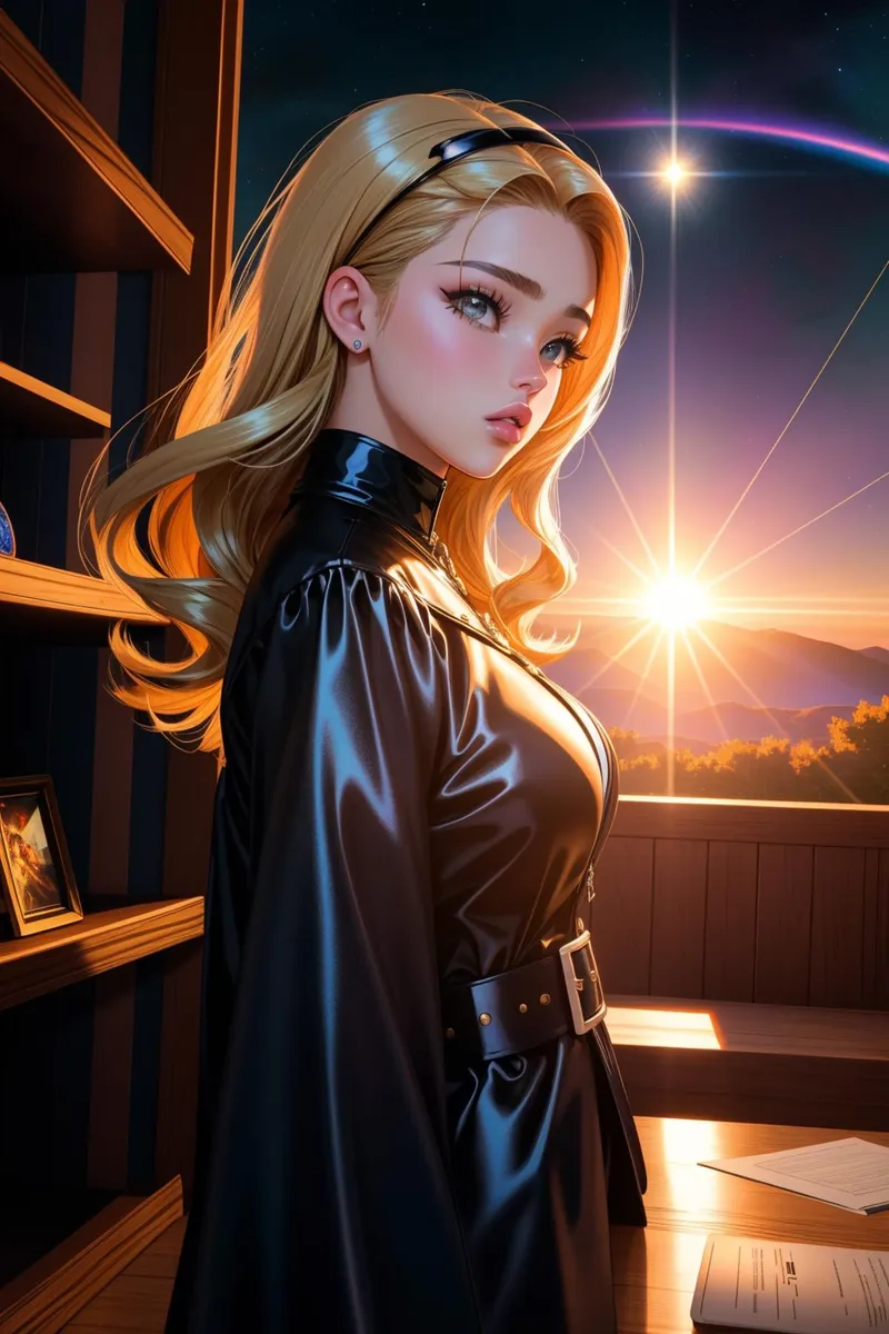 A detailed anime-style portrait of a young woman with blonde hair wearing a black outfit, standing indoors with shelves behind her and a stunning sunset view outside the window. AI generated image using Stable Diffusion.