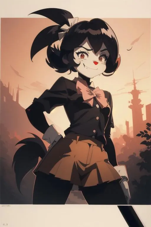 Anime-styled character of a girl with a bow in her hair, wearing a dark outfit with a pink bow and a tan skirt, standing confidently with a sunset cityscape in the background. Emphasize that this is an AI generated image using Stable Diffusion.