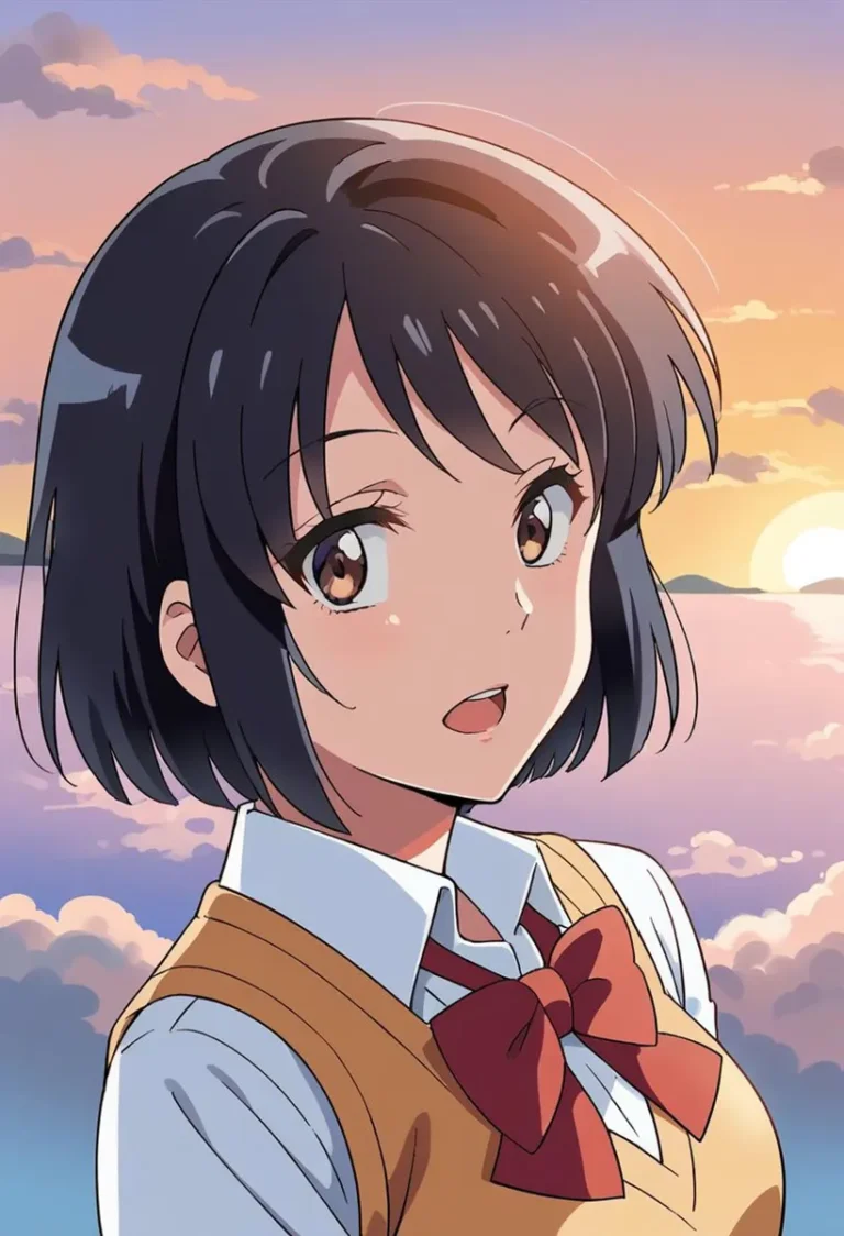 An AI generated image of an anime girl with short black hair, wearing a school uniform with a red bow tie, against a sunset backdrop using Stable Diffusion.