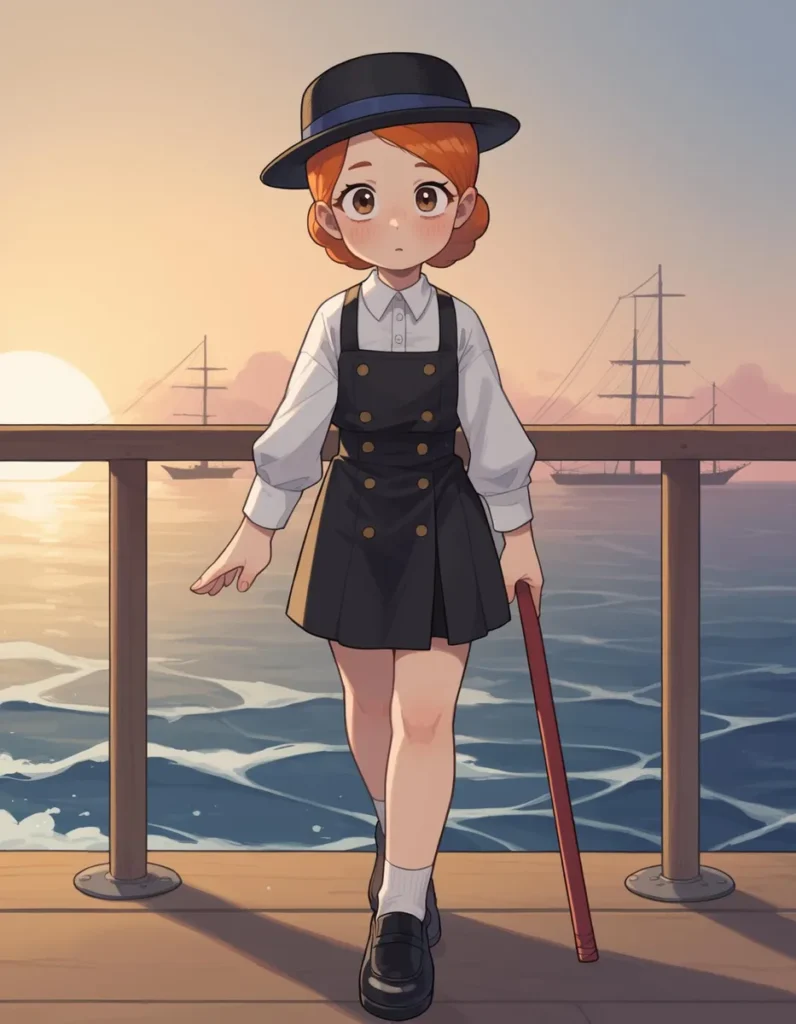AI generated image using Stable Diffusion of an anime girl with short red hair, dressed in a black sailor-style uniform and hat, standing on a dock during sunset.