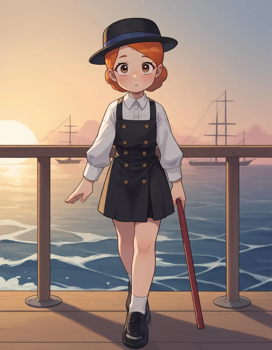 AI generated image using Stable Diffusion of an anime girl with short red hair, dressed in a black sailor-style uniform and hat, standing on a dock during sunset.