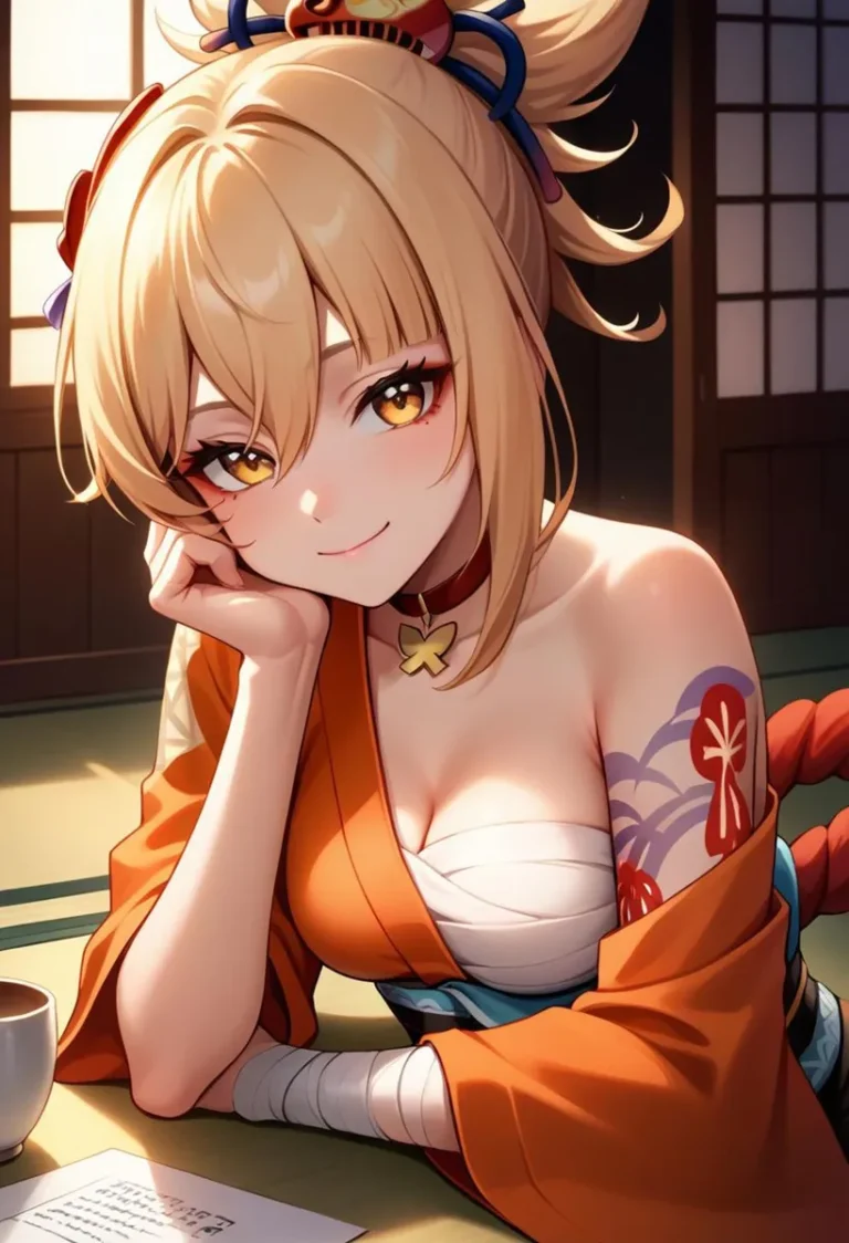 Beautiful anime girl with a tattoo, styled and generated using stable diffusion, wearing a traditional orange outfit, with a cup of tea ready in a Japanese-inspired room.