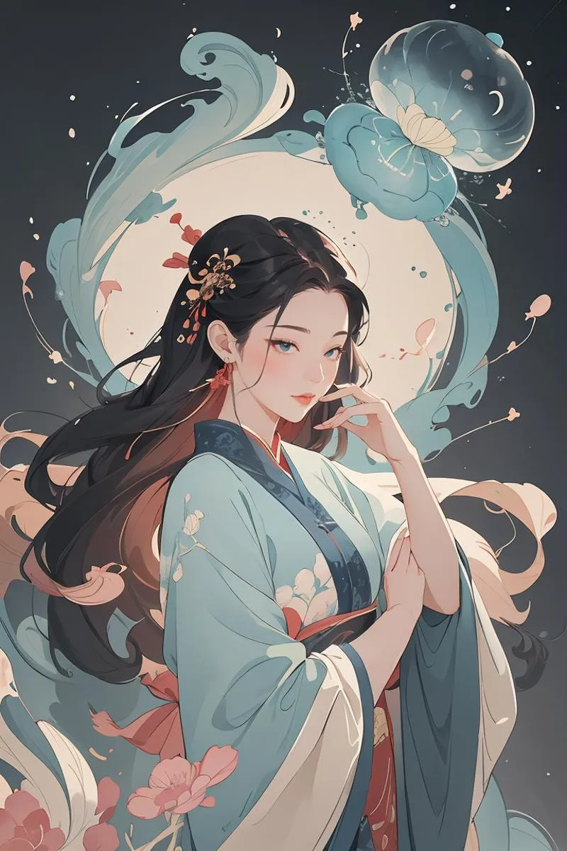 A beautifully detailed AI generated image of an anime-style girl dressed in traditional attire with intricate floral patterns and decorative accessories using Stable Diffusion.
