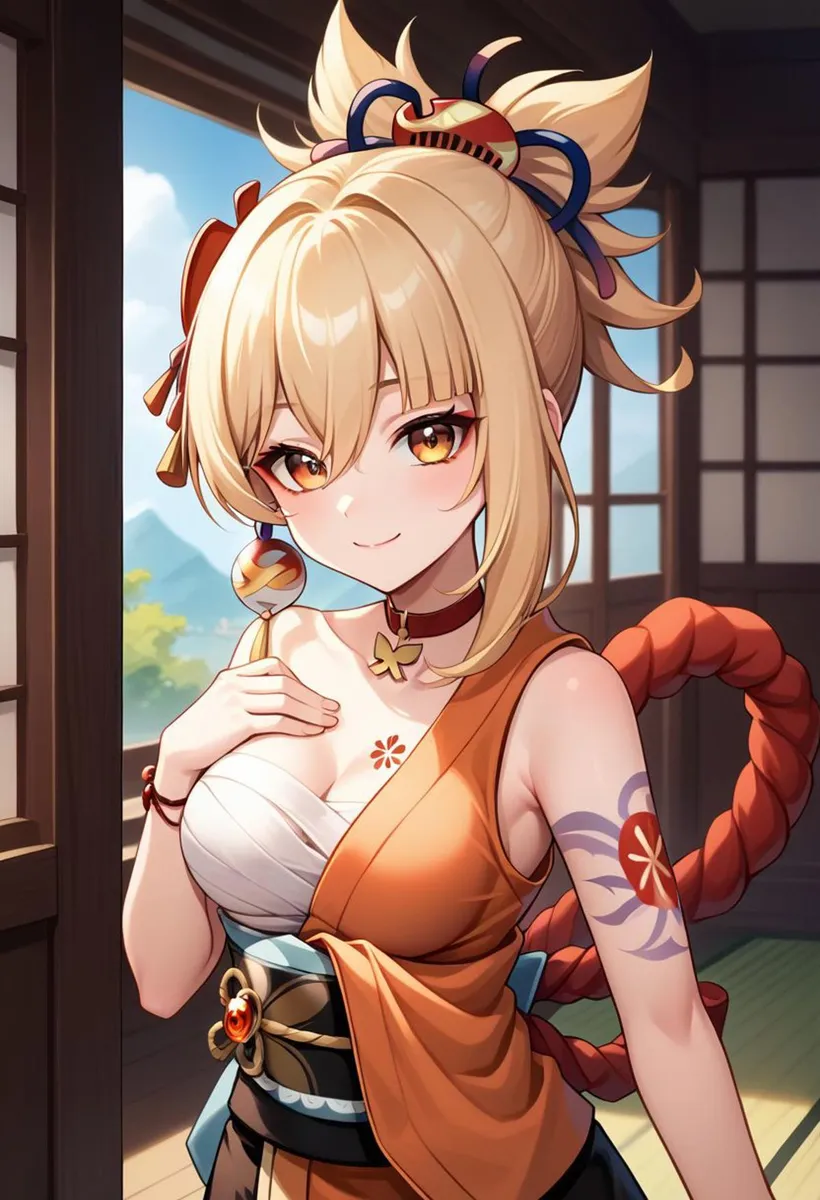 AI generated image of an anime girl with blonde hair and red eyes, wearing an orange traditional outfit, with a tattoo on her arm and colorful ornaments in her hair, created using stable diffusion.