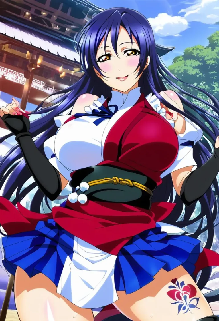 A beautiful anime girl with long purple-blue hair, wearing a detailed traditional outfit with a red, blue, and white color scheme. AI generated image using Stable Diffusion.