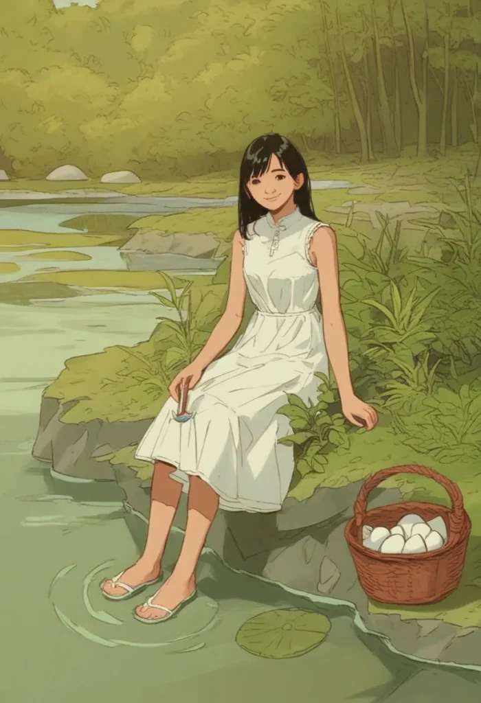 Anime girl in a tranquil natural setting, sitting beside a stream with a basket of eggs. AI generated image using stable diffusion.