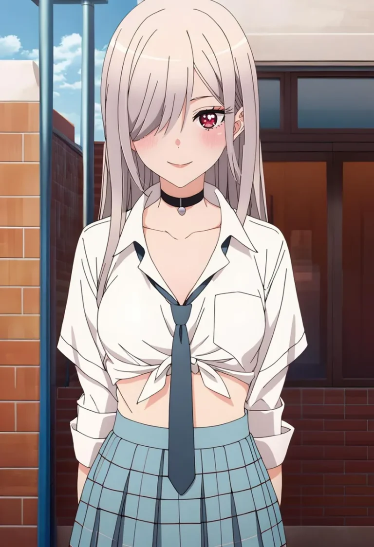 An AI generated anime girl with long gray hair, partially covering one eye, wearing a white tied shirt, black choker, and blue plaid skirt. Stable Diffusion.