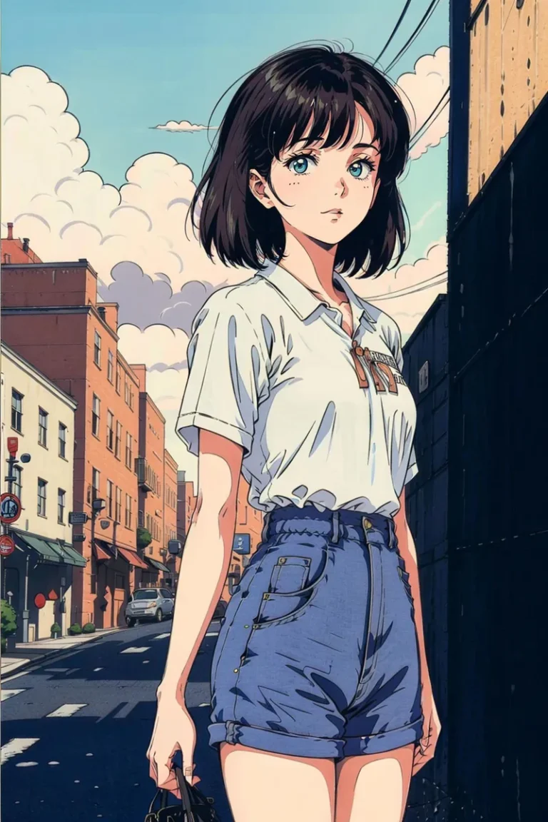 AI-generated image of a girl with short black hair and blue eyes, wearing a white shirt and blue high-waisted shorts, standing on a city street with buildings and cloudy sky in the background. Created using Stable Diffusion.