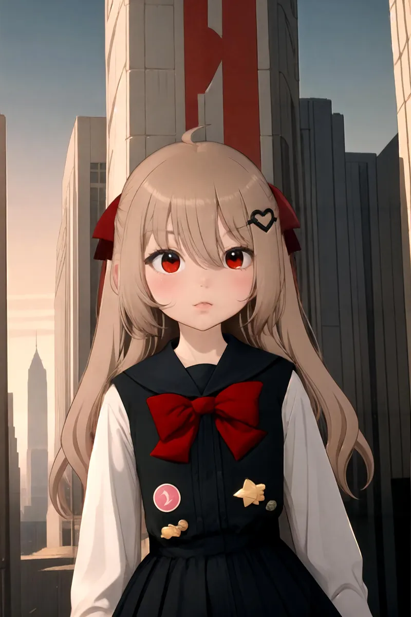 Anime-style girl with long blonde hair, large red eyes, wearing a navy blue dress and white blouse with red bows in front of urban buildings. AI generated image using Stable Diffusion.