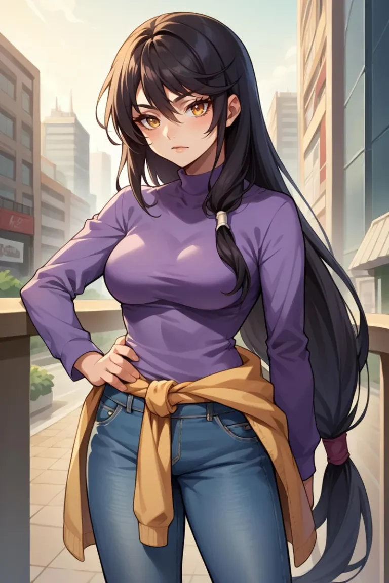 AI-generated image of an anime girl with long black hair, wearing a purple top and jeans, standing against an urban background using Stable Diffusion.