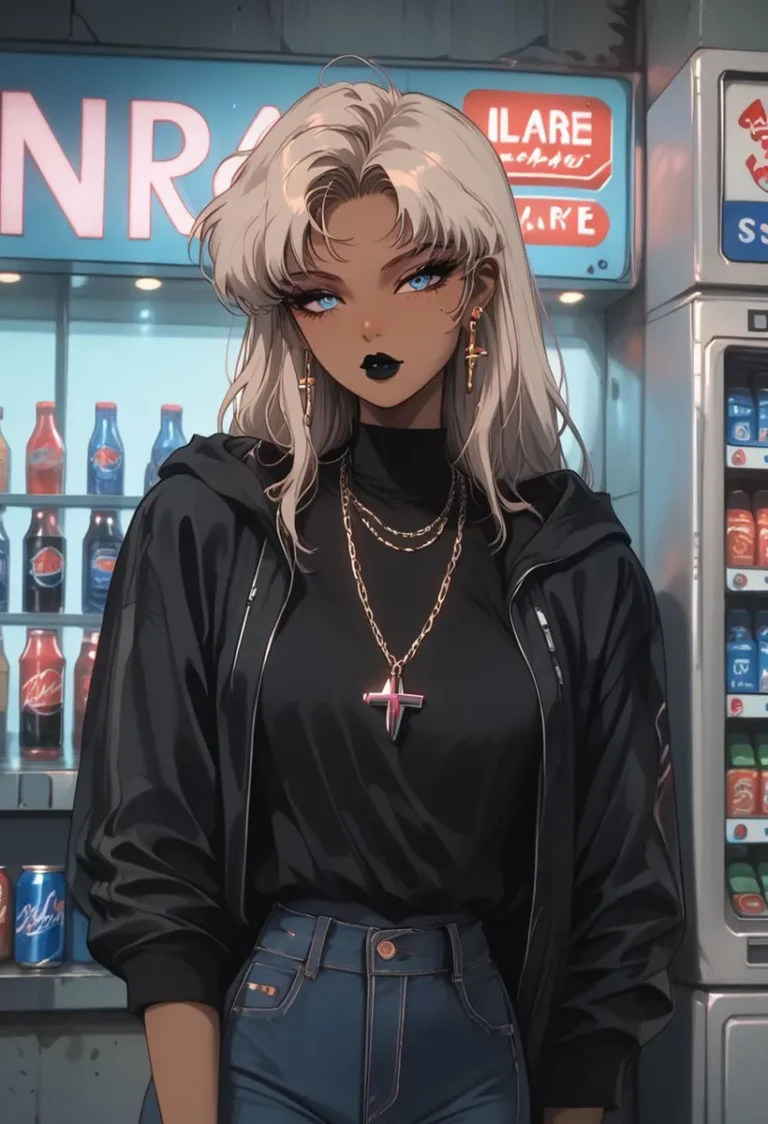 Anime girl standing in front of a vending machine. This is an AI generated image using Stable Diffusion.