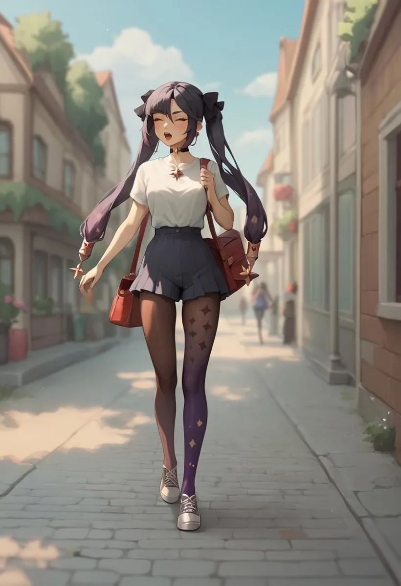 AI generated image of an anime girl with twin tails walking in a bright urban street using Stable Diffusion.