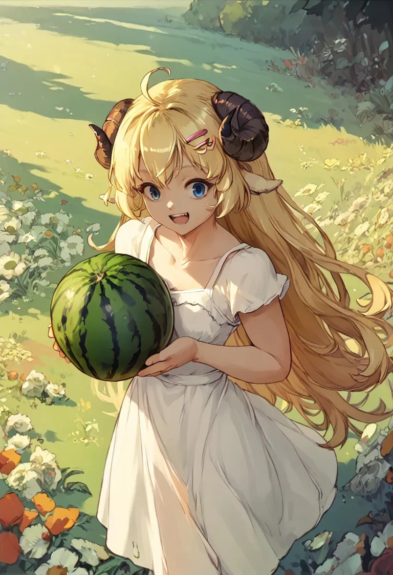 Anime girl with blonde hair and horns holding a watermelon in a field of flowers, AI generated using Stable Diffusion.