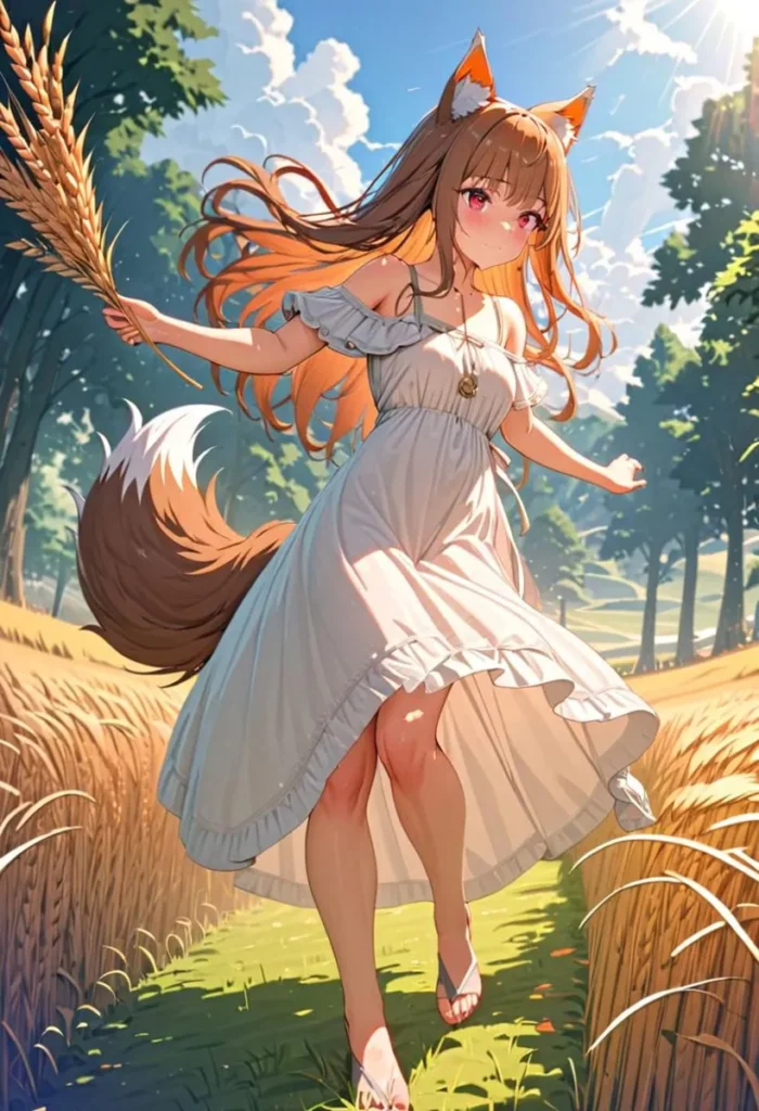 Anime girl with fox ears in a white dress standing in a golden wheat field on a sunny day, an AI-generated image using Stable Diffusion.