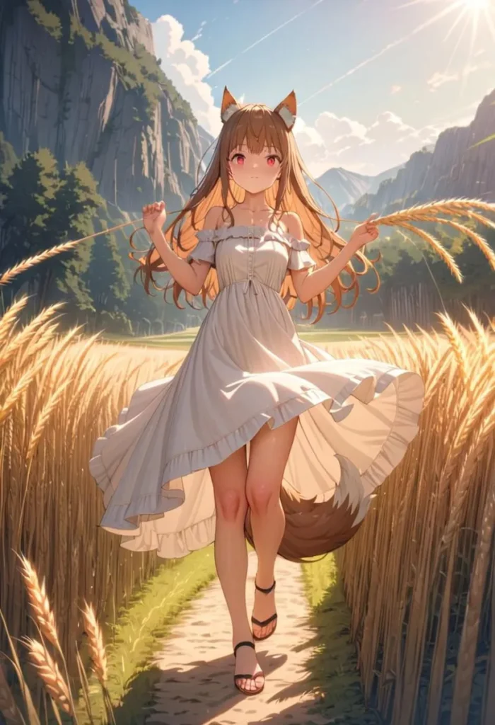 A serene anime girl with fox ears and tail in a white dress standing in a sunlit wheat field. AI generated using Stable Diffusion.