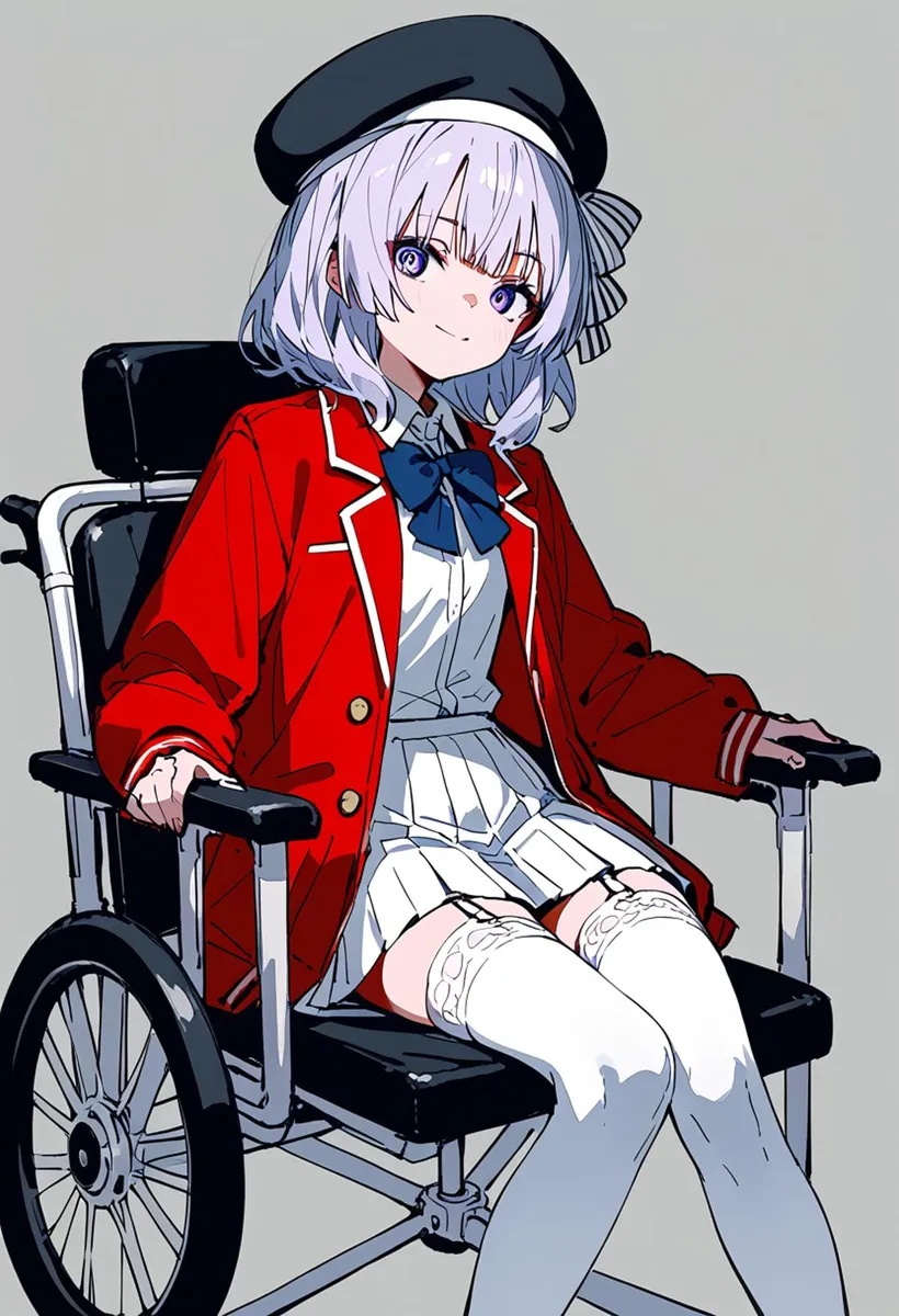 AI generated image of an anime girl with lavender hair in a wheelchair, wearing a red jacket and black beret using Stable Diffusion.
