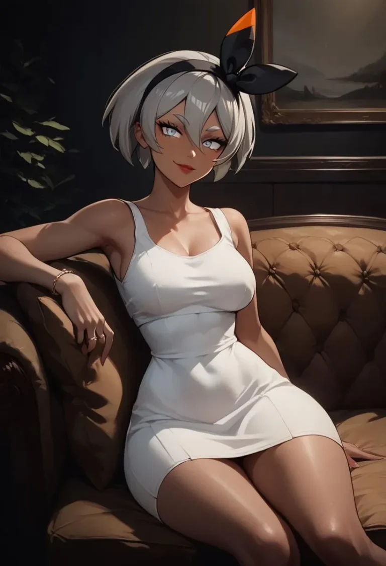 Elegant anime girl wearing a white dress, resting on a vintage couch in a dimly lit room, AI generated using stable diffusion.