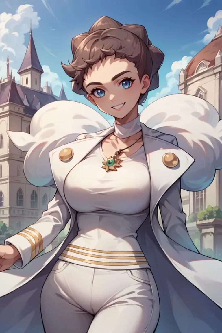 AI generated anime girl with short brown hair, blue eyes, wearing a white outfit including a jacket with gold buttons and stripes, standing in front of a castle, created using Stable Diffusion.