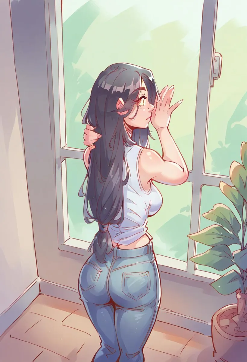 Anime-style girl standing by a window, looking outside. AI generated image using Stable Diffusion.