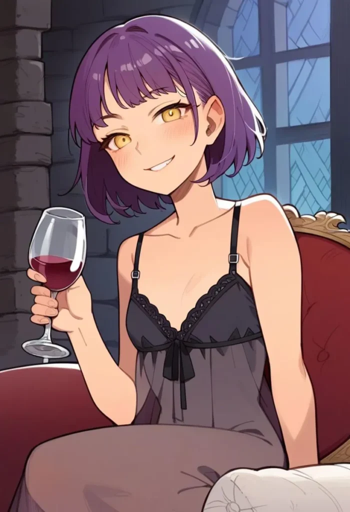 An anime girl with purple hair, wearing a black nightgown, holding a glass of red wine. AI generated image using Stable Diffusion.