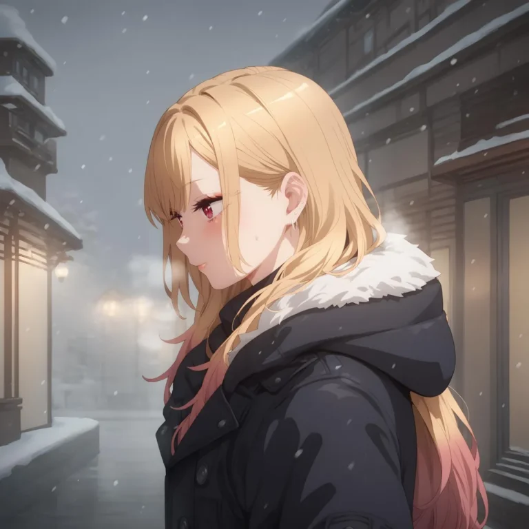 AI-generated image of an anime girl with blonde hair in a winter coat on a snowy street using Stable Diffusion.